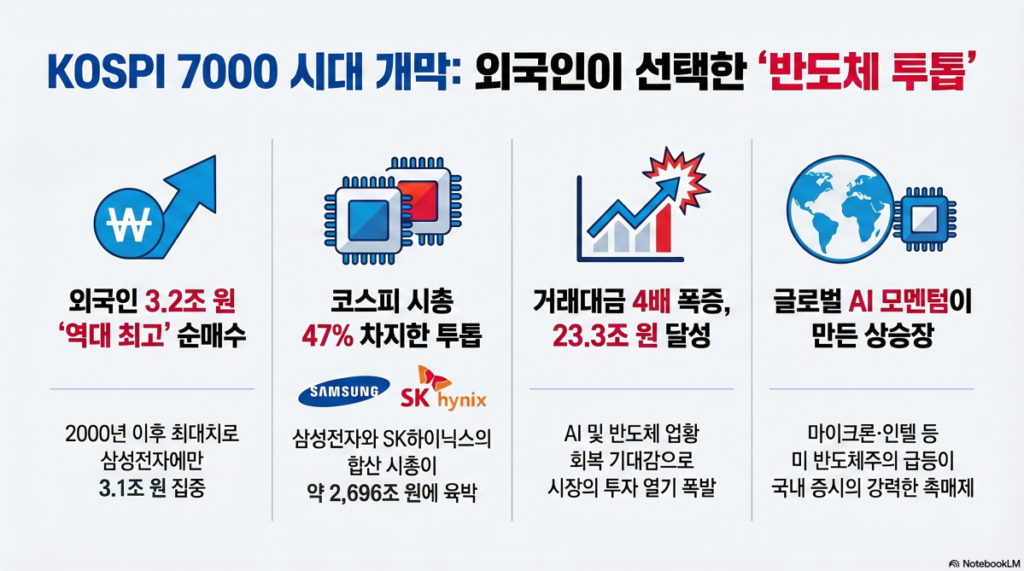 외국인 3.2조 역대급 순매수에 7000피 달성 견인…'삼전만 3.1조 샀다'